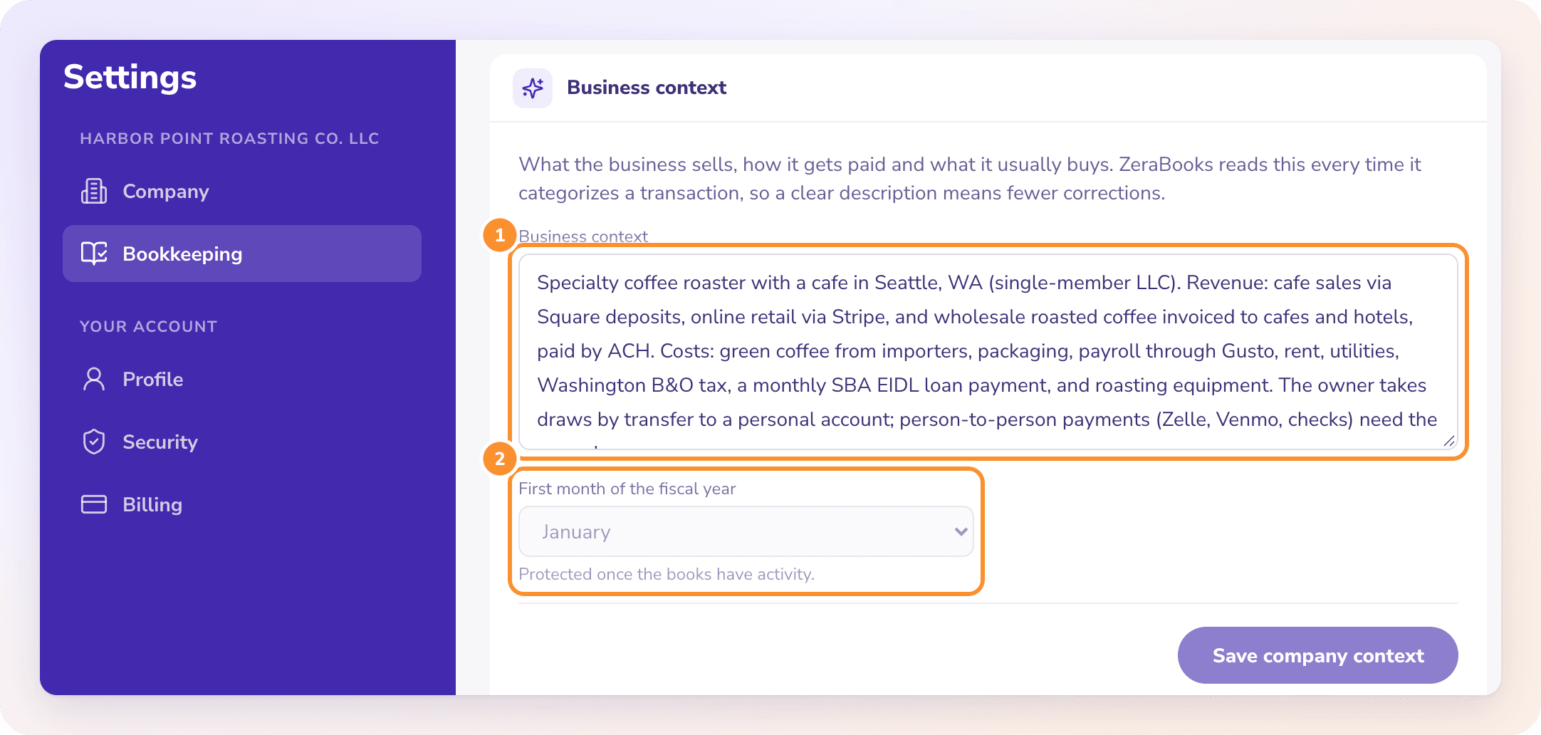 Settings › Bookkeeping: the business context the AI reads, and the first month of the fiscal year
