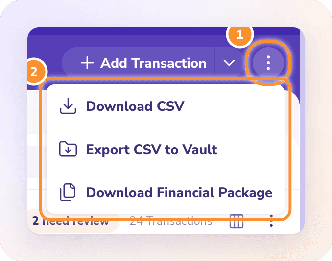 More bank actions: Download CSV, Export CSV to Vault and Download Financial Package