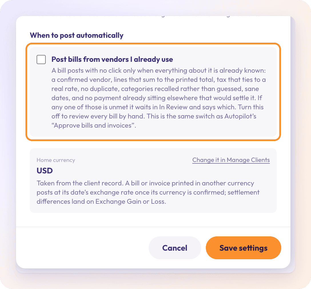 Bills & invoices settings, When to post automatically: a bill posts on its own only when vendor, lines, tax, duplicates, categories, dates and payments all check out