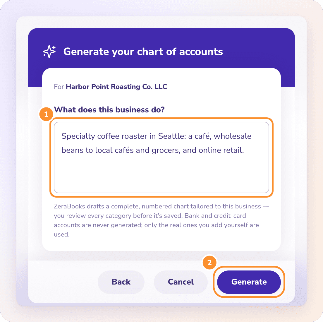 Generate with AI drafts a numbered chart of accounts from a description of the business, for review before it is saved.