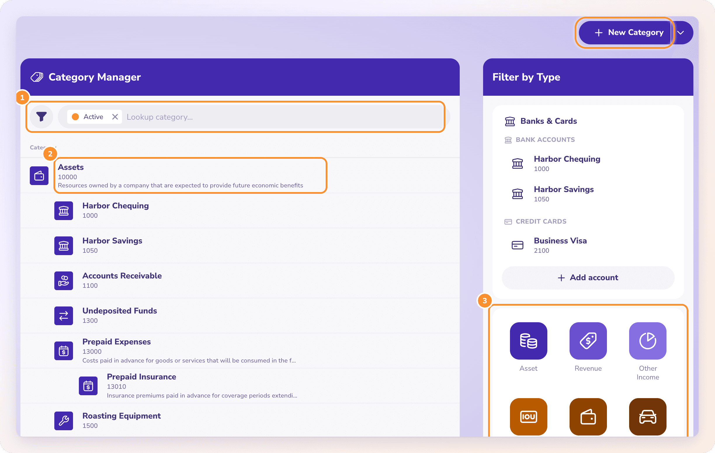 The Category Manager: categories grouped by type with their numbers, the Filters button and lookup, and Filter by Type on the right