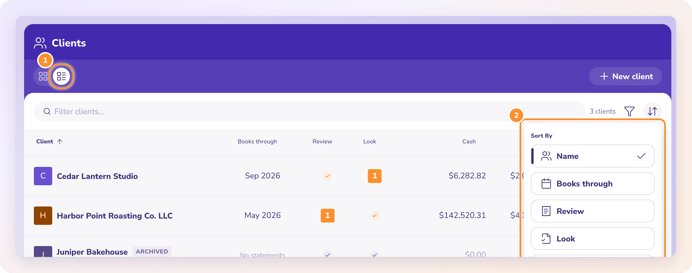 All Clients lists every business you keep books for, sortable, with each client’s status.