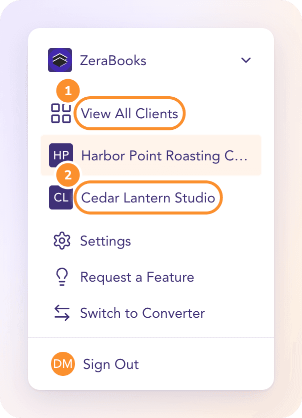 The company menu with recent clients