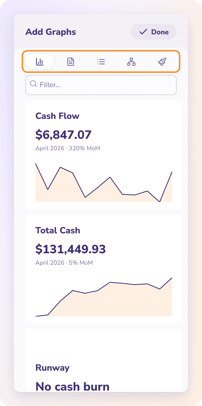 Add on a draft report page: the Graphs, Statements, Lists, Dimensions and Custom tabs, with live previews such as Cash Flow