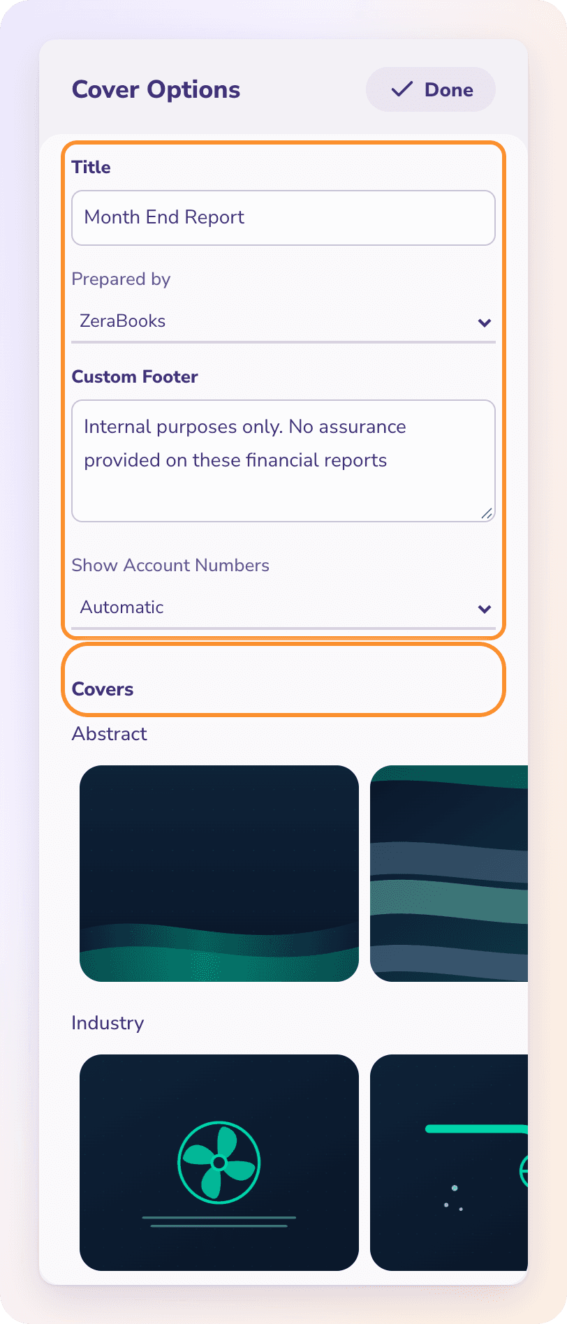 Cover Options on a draft report: Title, Prepared by, Custom Footer and Show Account Numbers, then the Covers gallery
