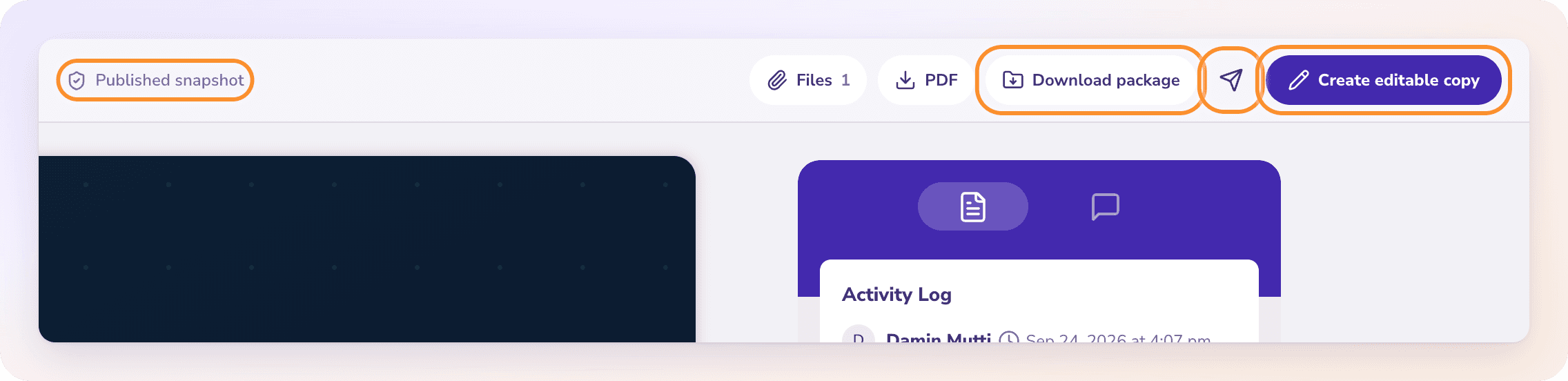 A published report’s top bar: Published snapshot, then Files, PDF, Download package, Email report PDF and Create editable copy