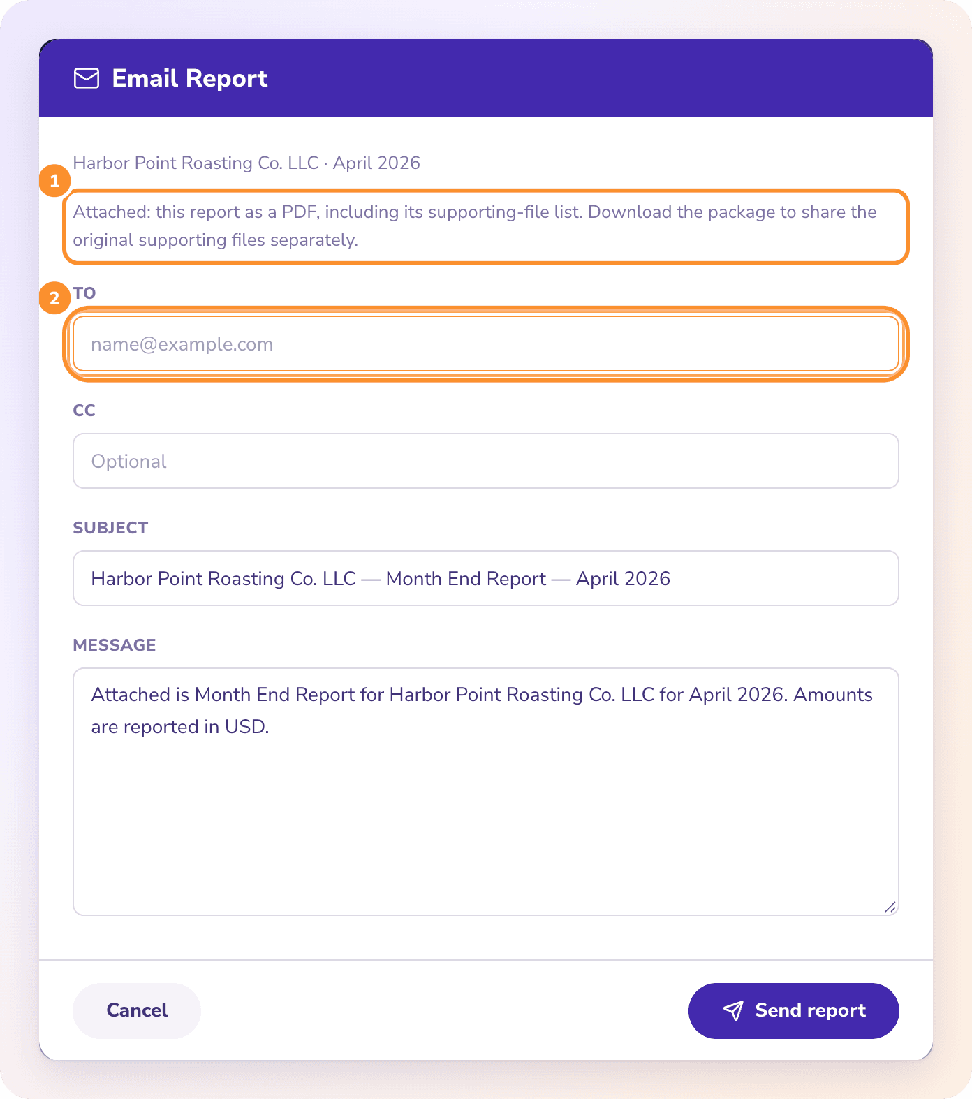 Emailing a custom report: the report goes as one PDF with its supporting-file list; To starts blank