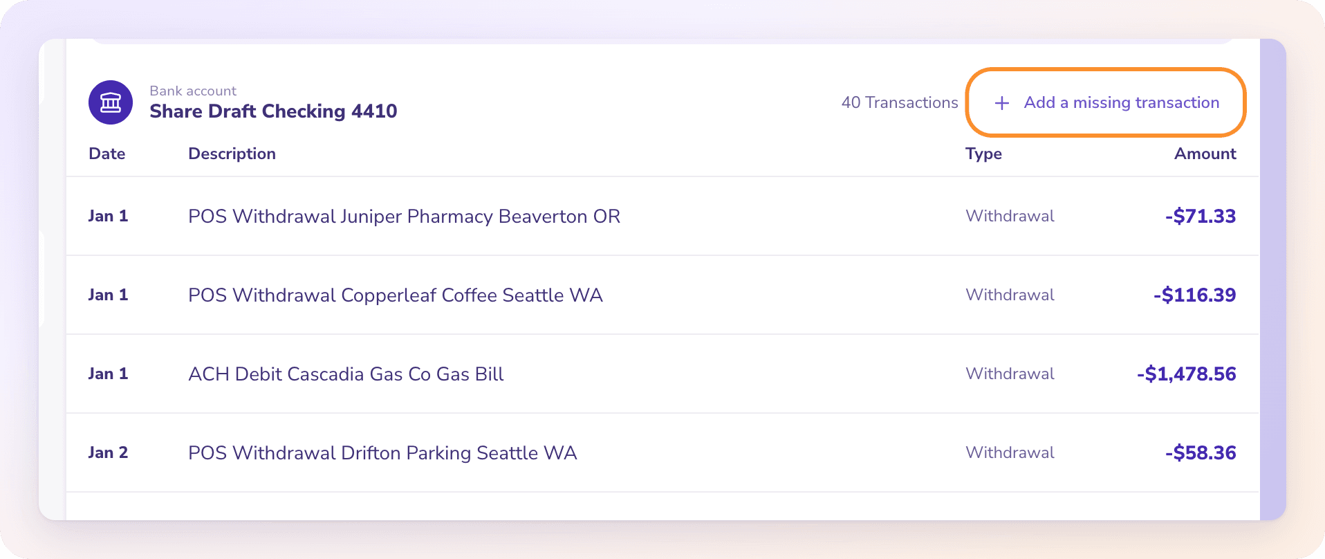 Add a missing transaction, beside each account’s name, for a line the statement shows but ZeraBooks didn’t read