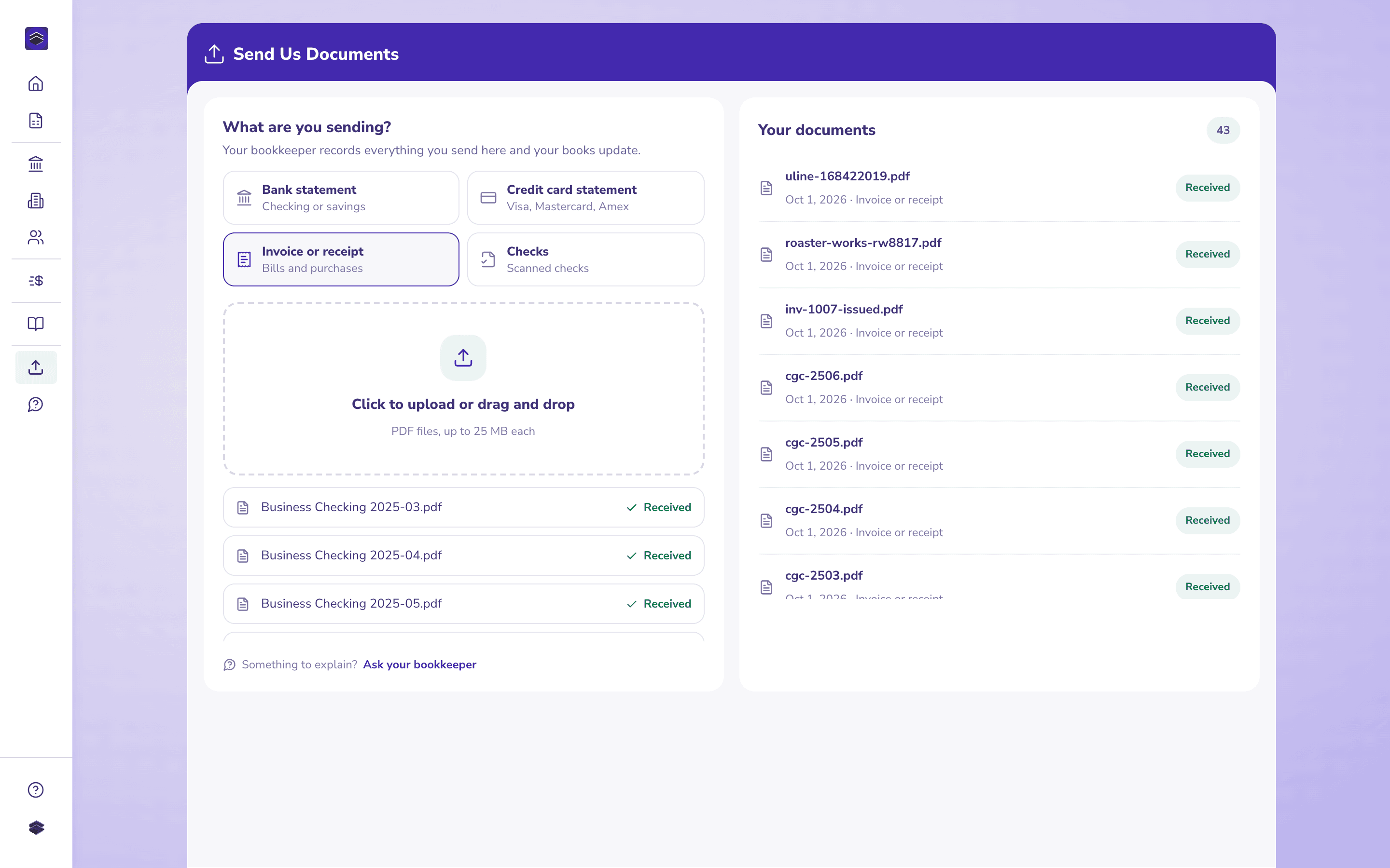 The upload portal after a client sent more than a year of bank and card statements, bills and invoices at once, every file marked Received.
