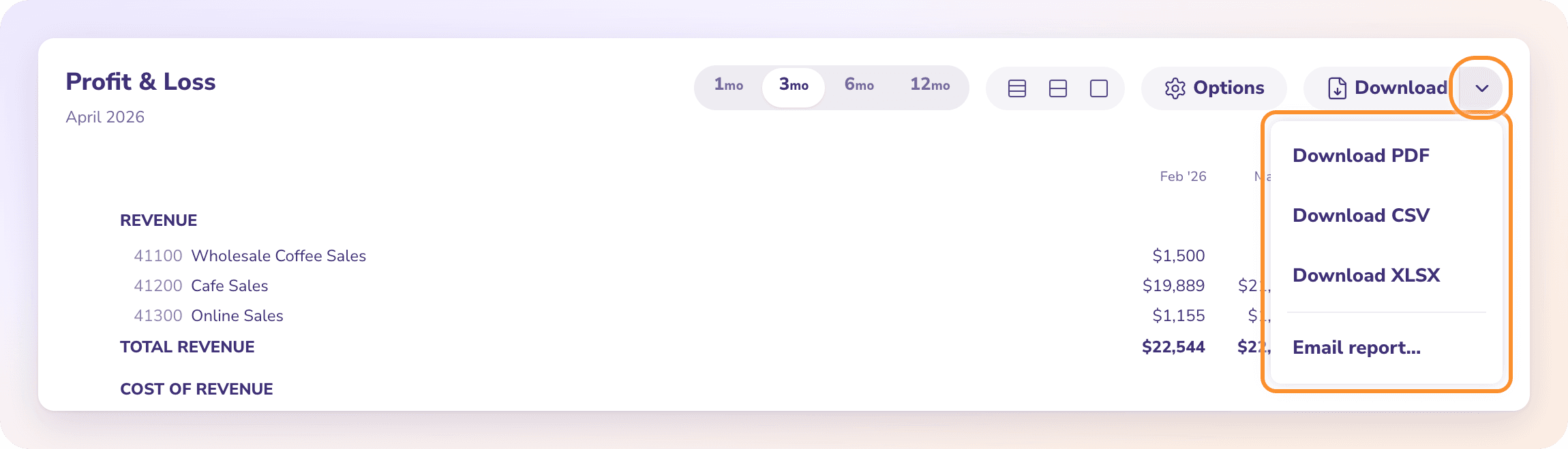 The statement Download button and its menu: Download PDF, CSV or XLSX, and Email report