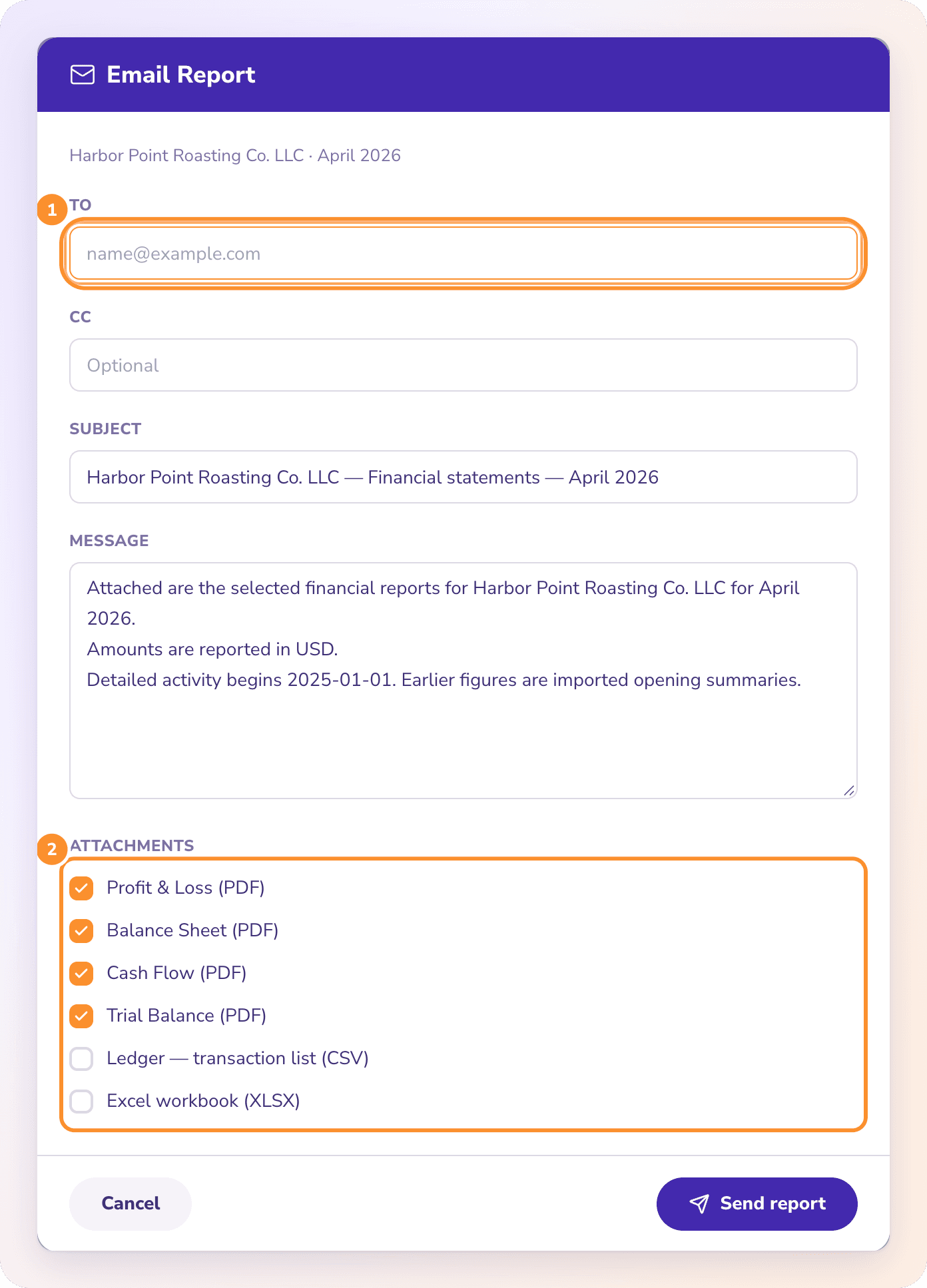 The Email Report dialog: To and CC, the prefilled subject and message, and the attachments to send
