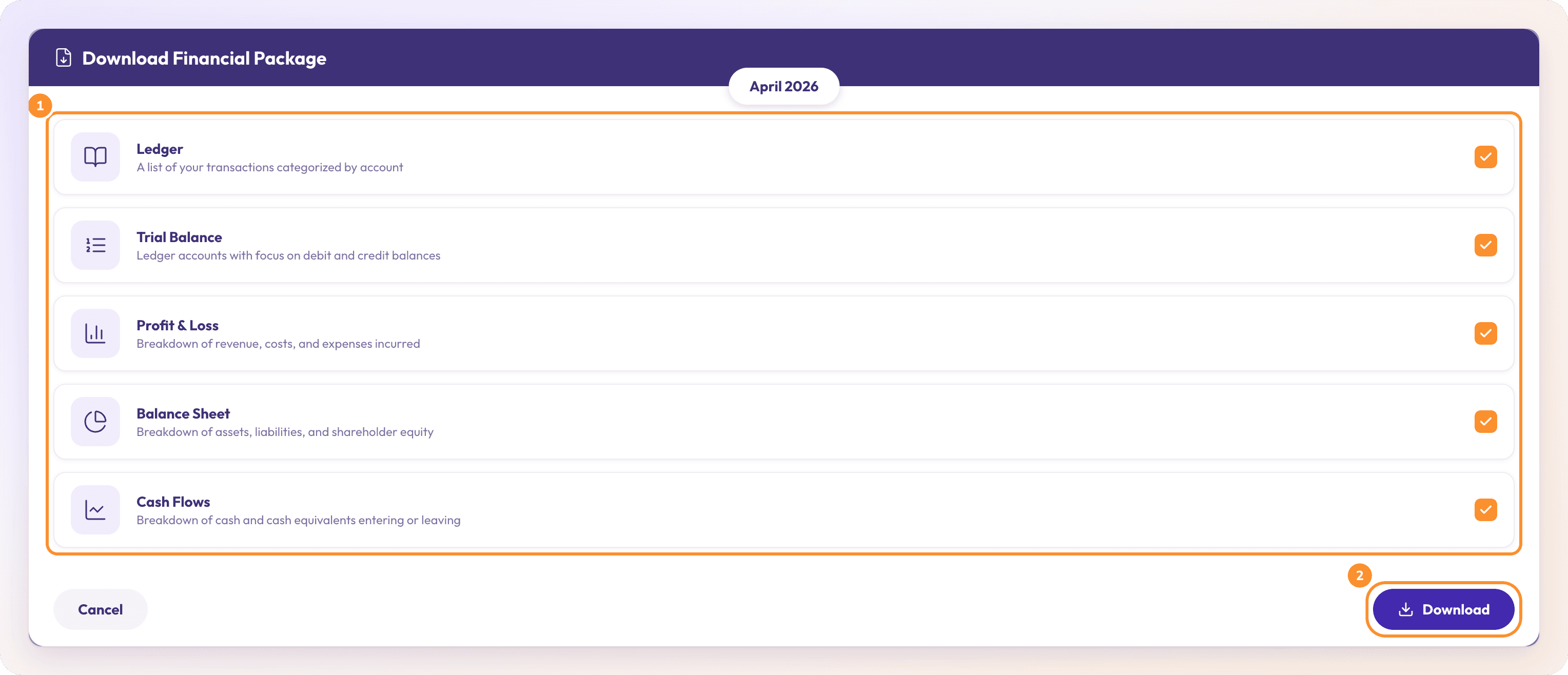 Download Financial Package for April 2026: Ledger, Trial Balance, Profit & Loss, Balance Sheet and Cash Flows, all ticked
