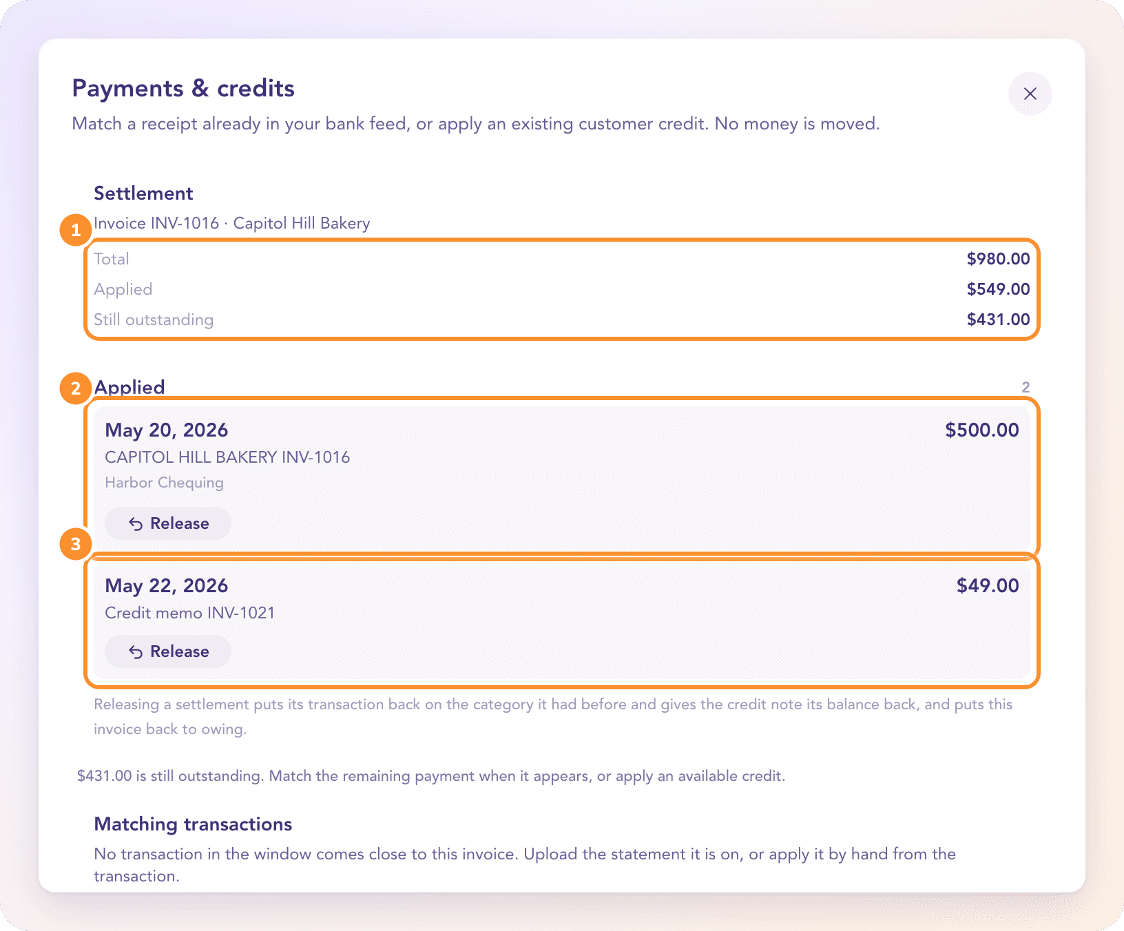 Payments & credits on an invoice: a part payment and a credit memo applied, with the balance still outstanding