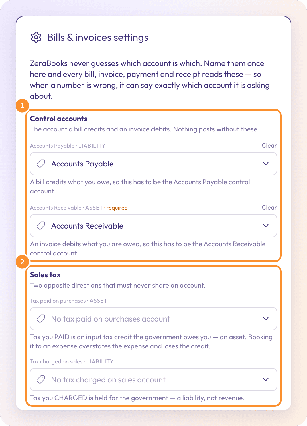 Bills & invoices settings: control accounts for payables and receivables, sales tax accounts, holdback and settlement differences