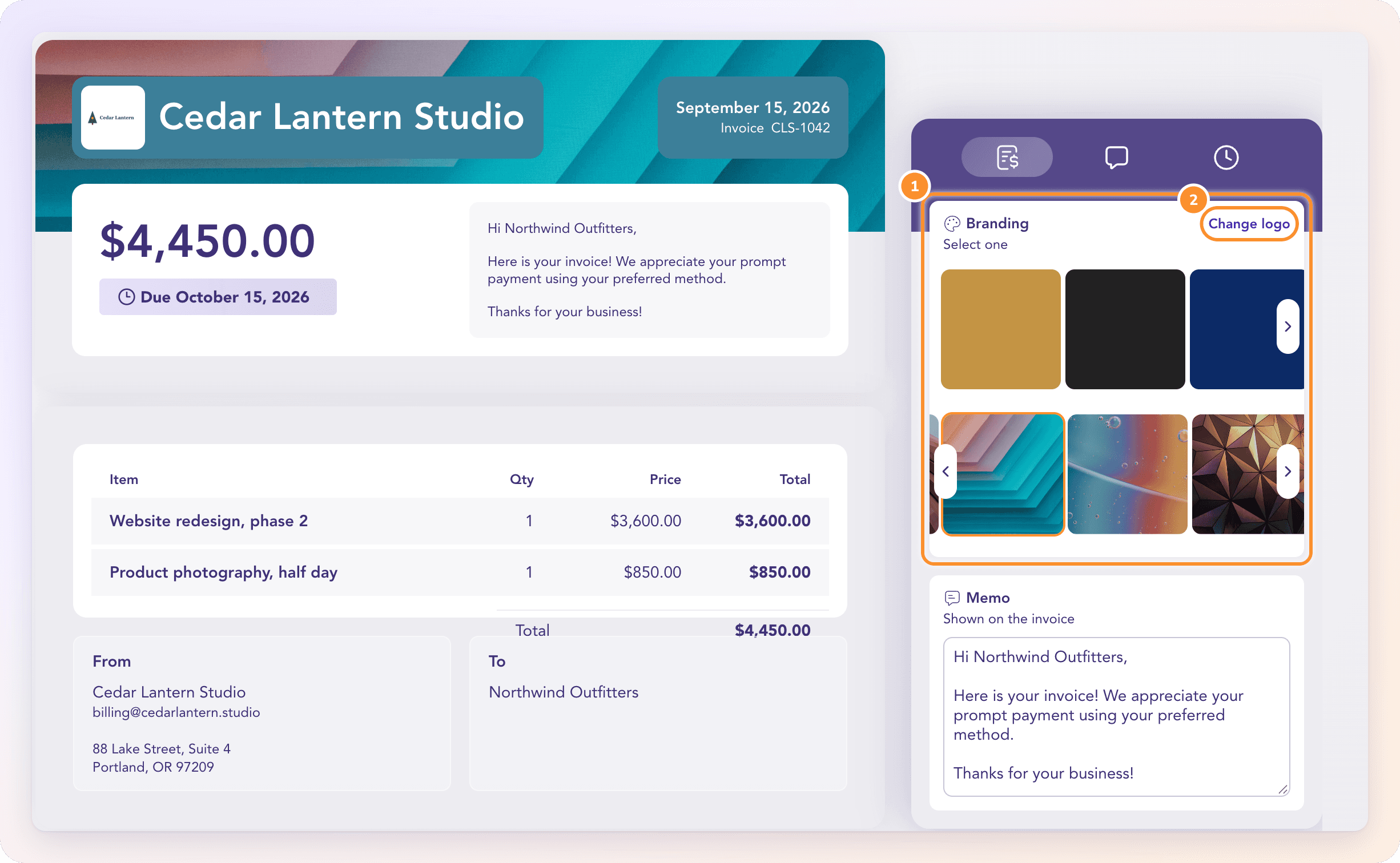 Invoice Preview: the branding colors and covers with Change logo, and the invoice showing the company logo and address