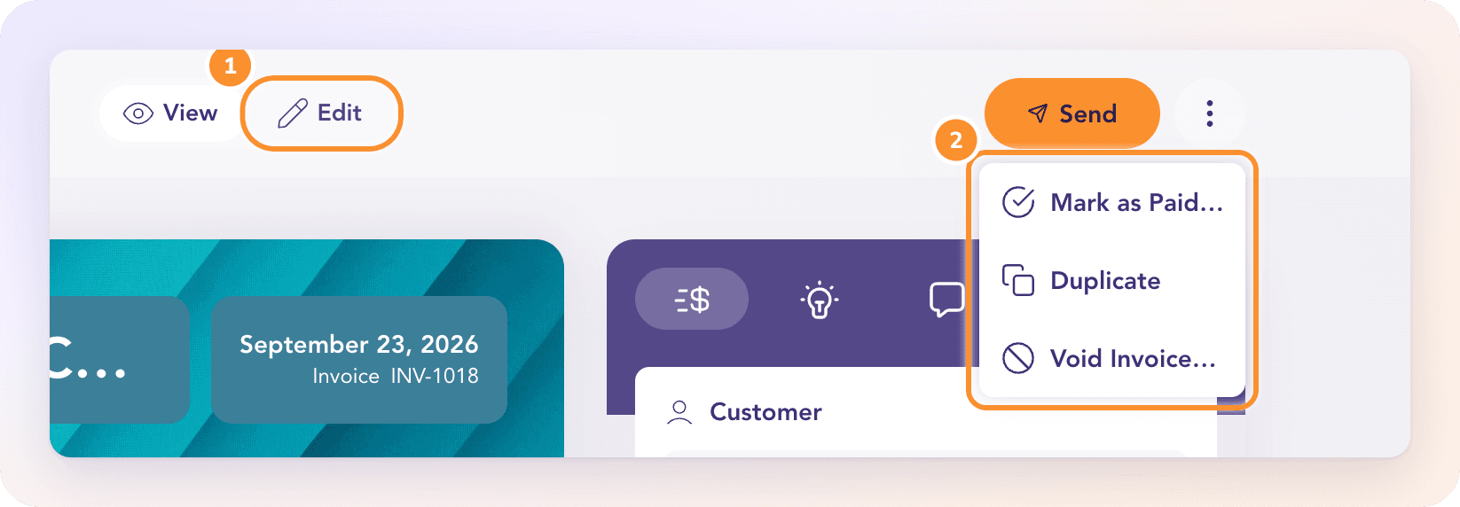 An approved invoice: Edit in the header, and More Actions with Mark as Paid, Duplicate and Void Invoice