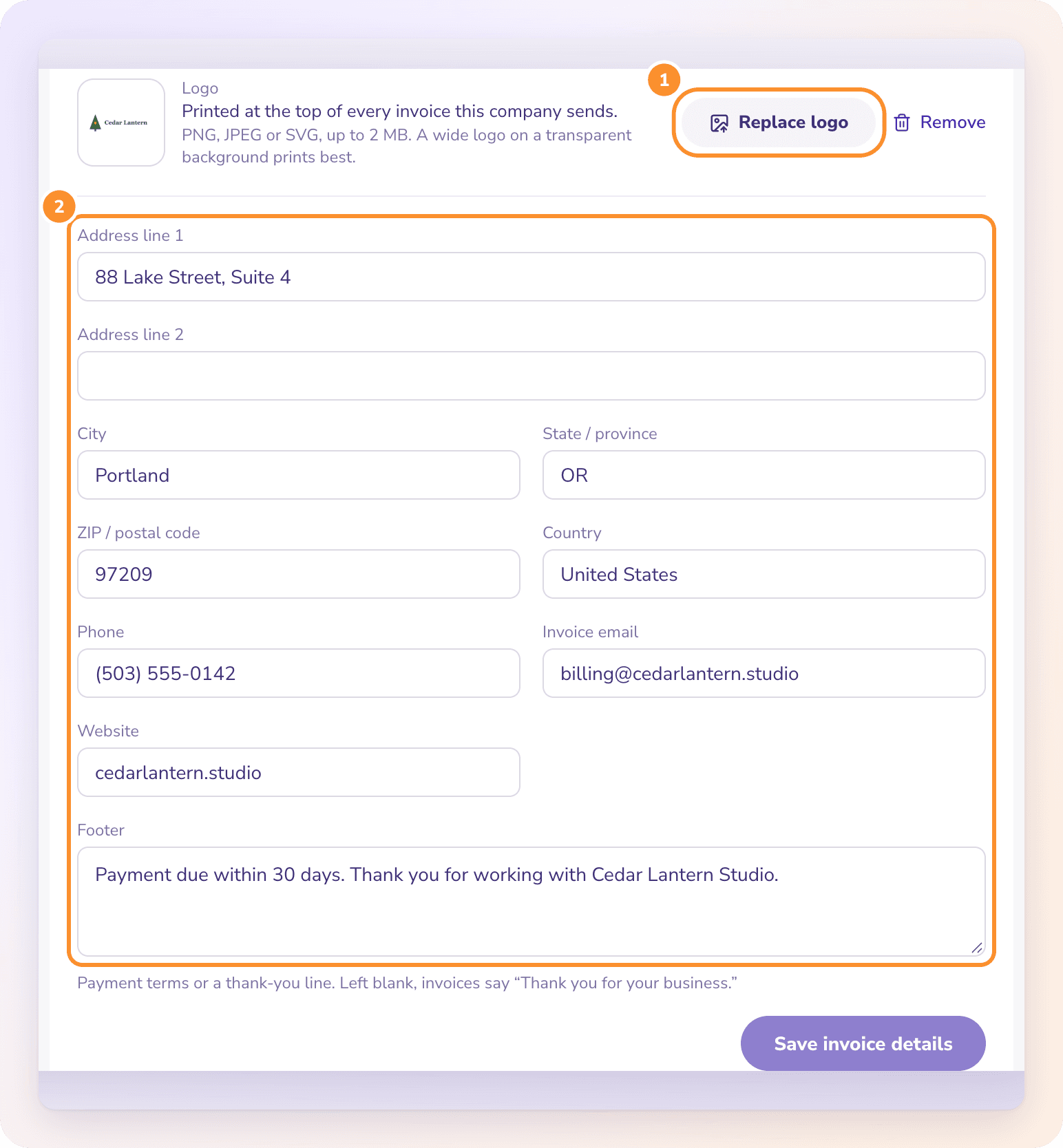 Settings › Company › Invoice details: the logo with Replace logo, then the address, phone, email, website and footer printed on every invoice