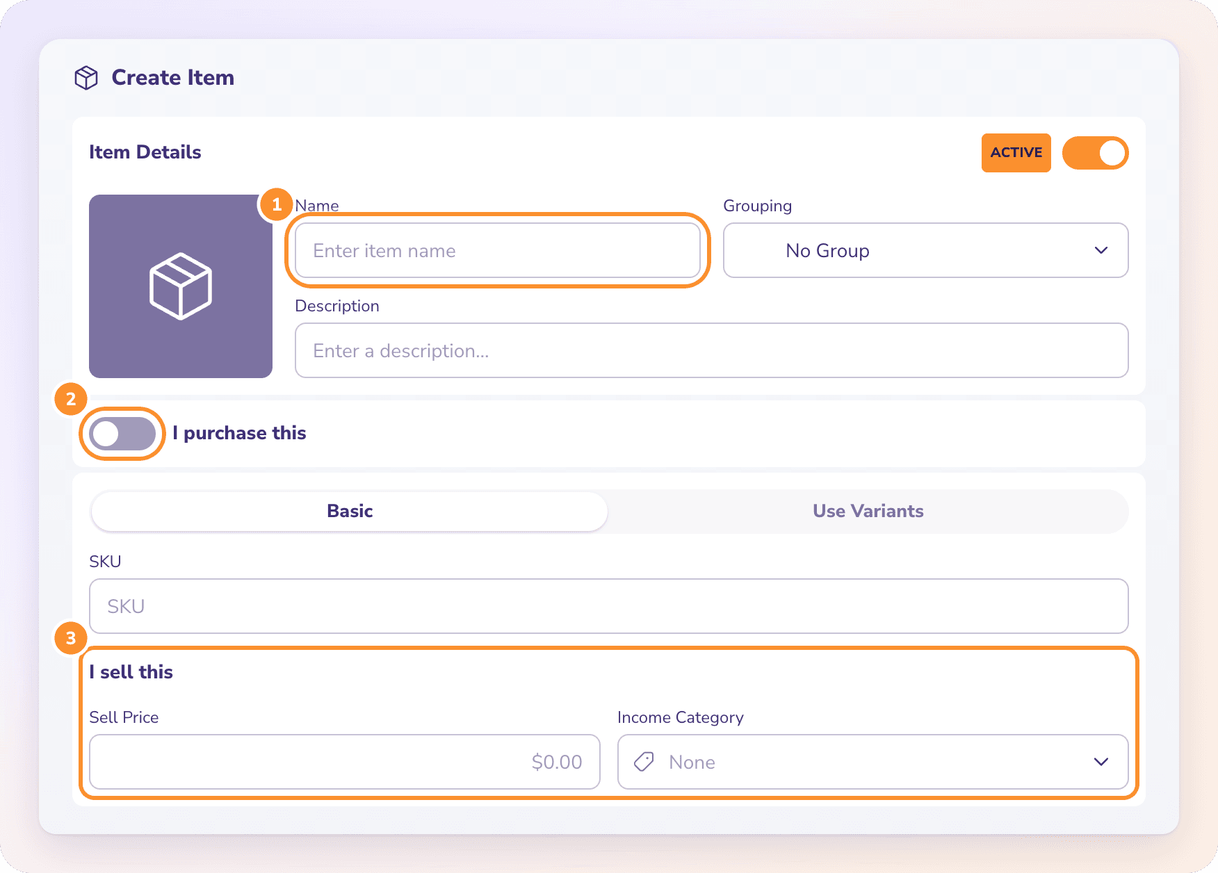 Creating a product or service: name and group, whether you purchase it, and the sell price and income category