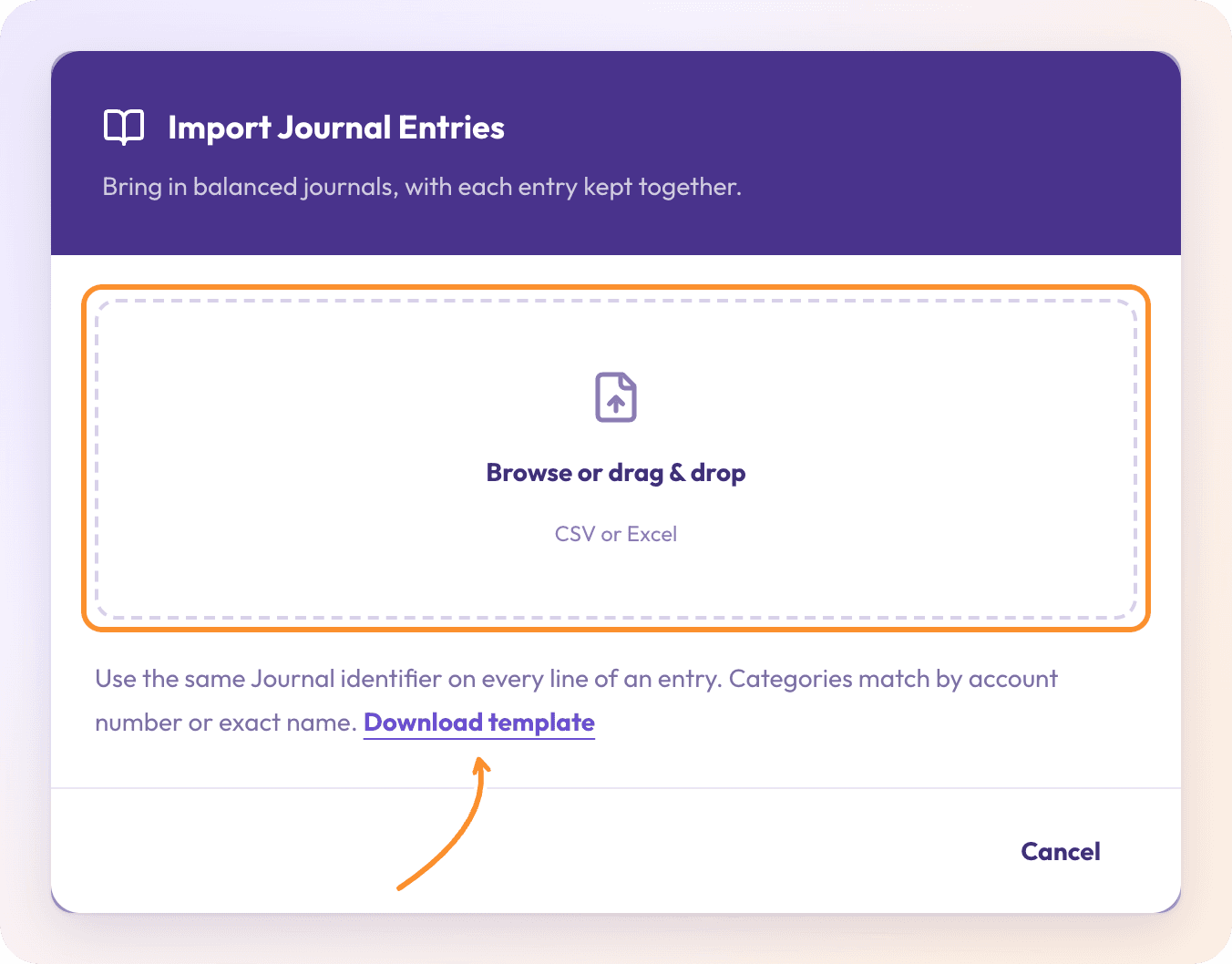 Import Journal Entries (Banks & Cards → Import transactions): drop a CSV or Excel file, or download the template first