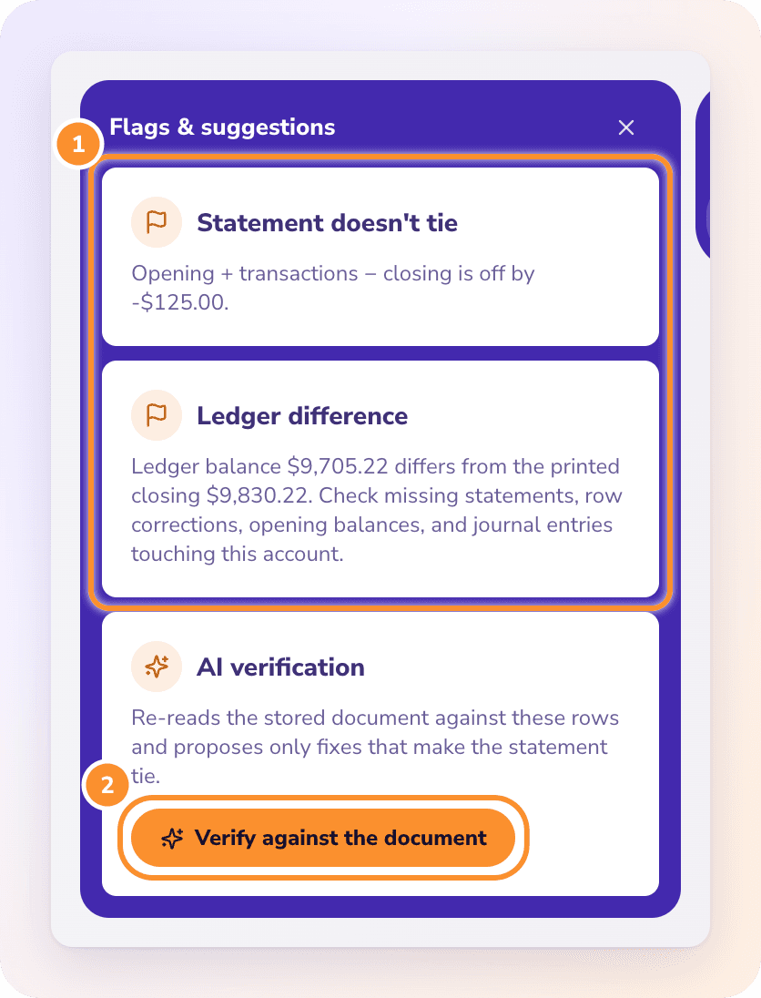 AI verification re-reads the statement and proposes only the fixes that make it tie, each quoting the line from the document.