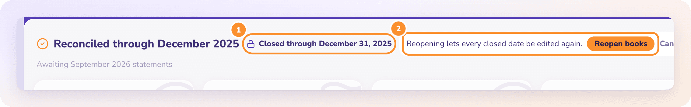 The books-close control: Closed through December 31, 2025, and Reopen asks you to confirm with Reopen books