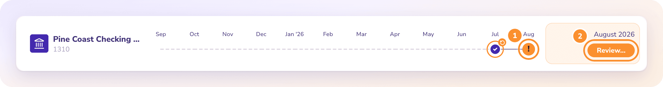 A month that doesn’t tie shows an orange ! on the timeline, and the account’s card offers Review…