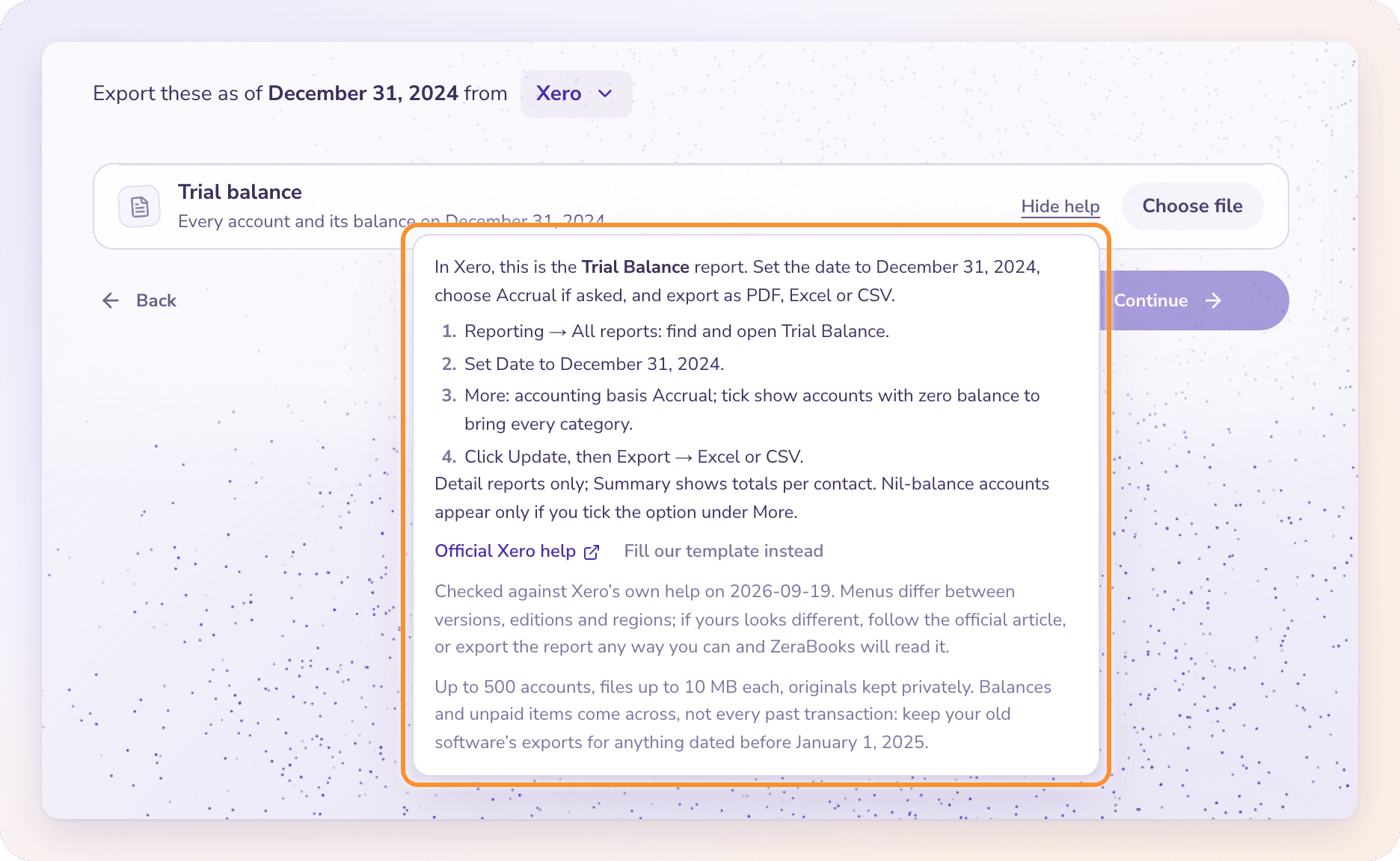 The same guide for Xero: where to find the trial balance and how to export it