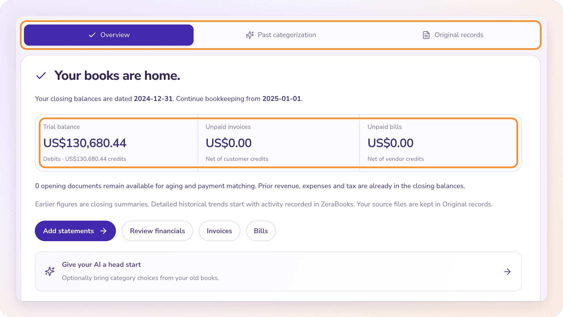 Opening books after the import: “Your books are home.” with the trial balance, unpaid invoices and unpaid bills totals