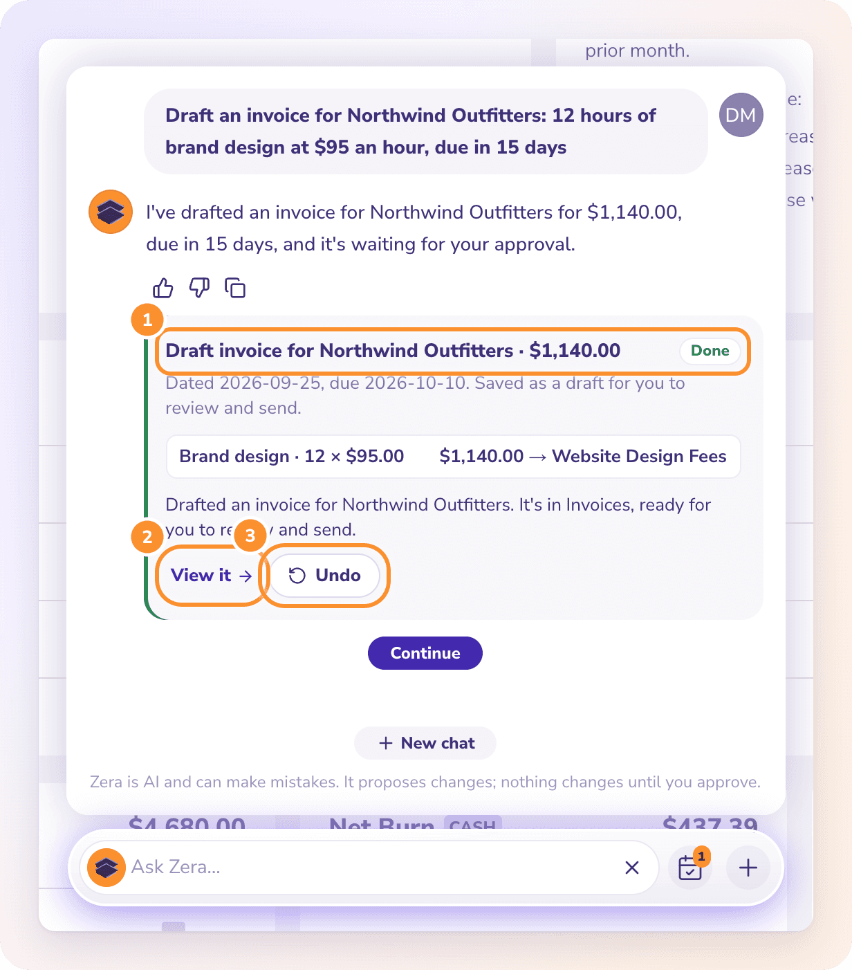 After you approve, the card becomes a receipt: Done, what happened, View it, and Undo