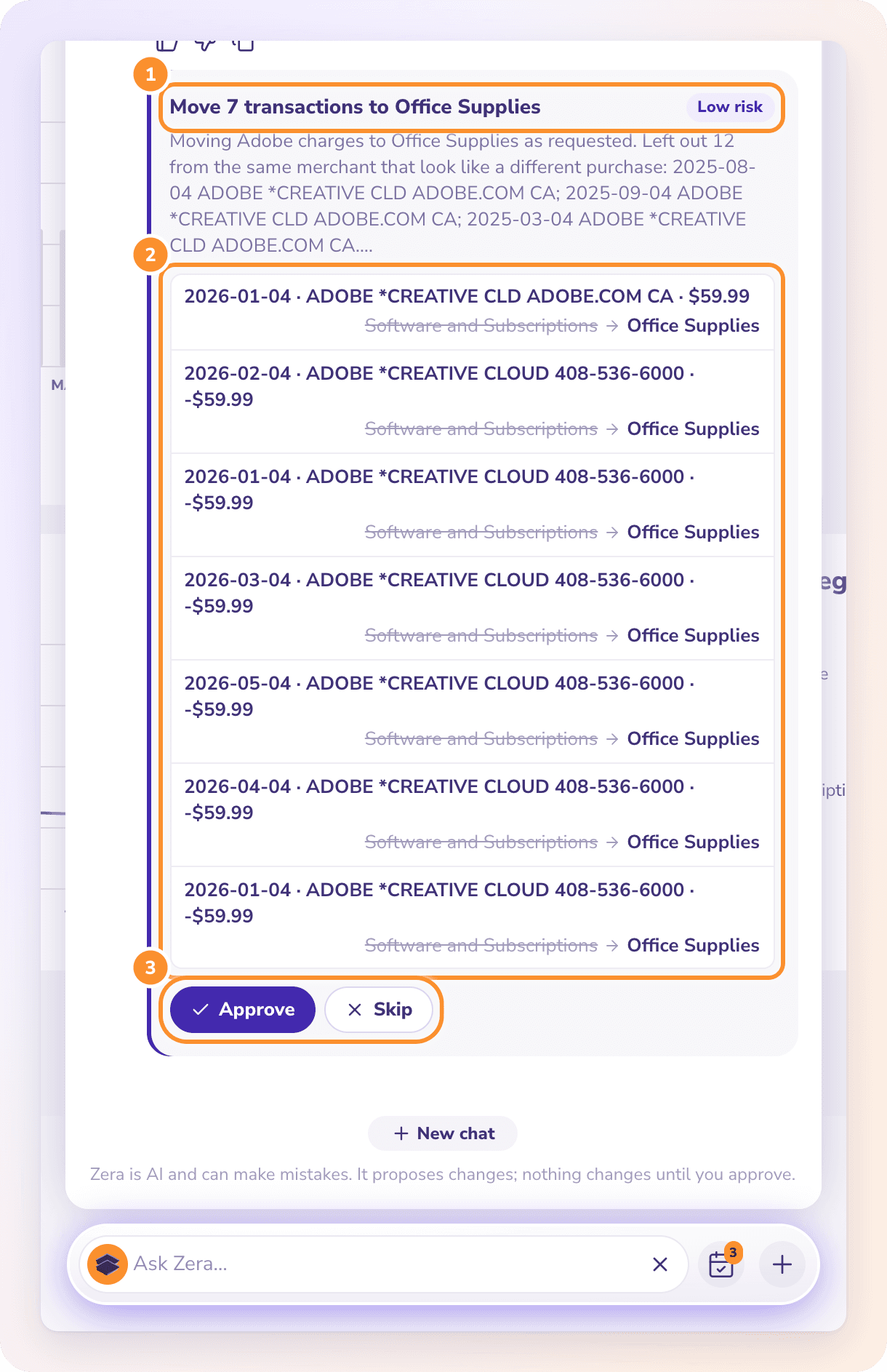An approval card waiting for you: the change, its risk, each transaction’s category before and after, and Approve or Skip