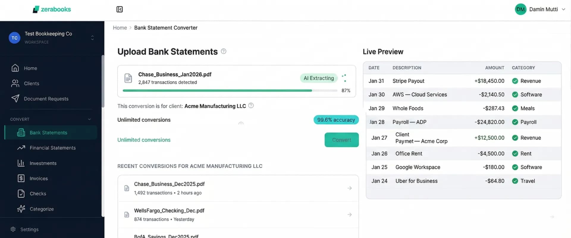 Zera Books bank statement conversion dashboard showing PDF-to-Excel extraction