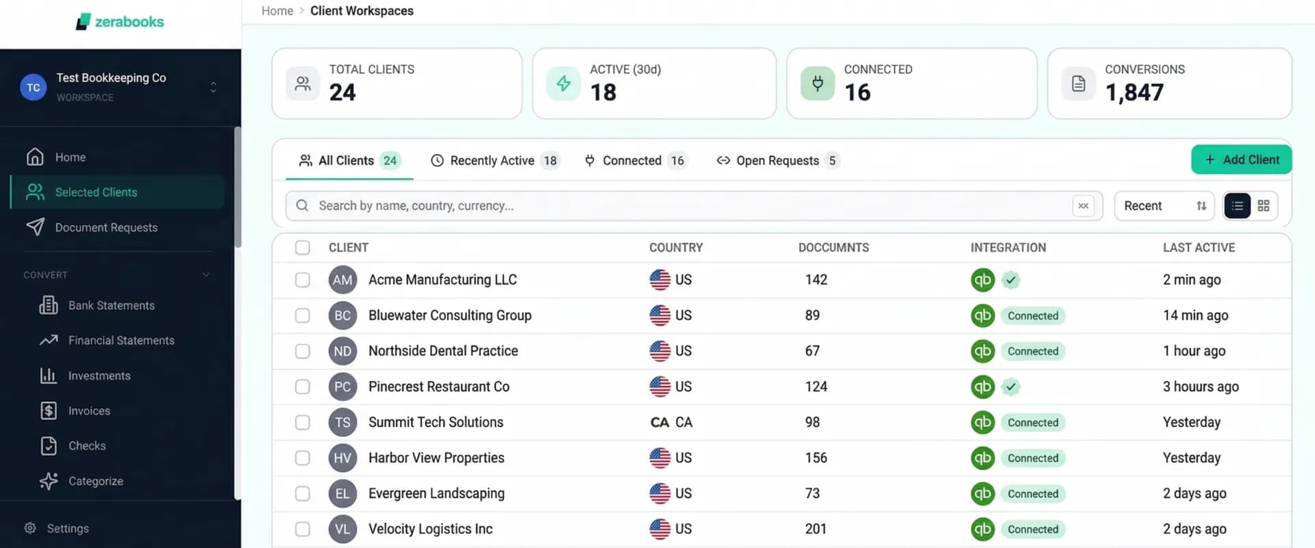 Zera Books client management dashboard showing multi client switching