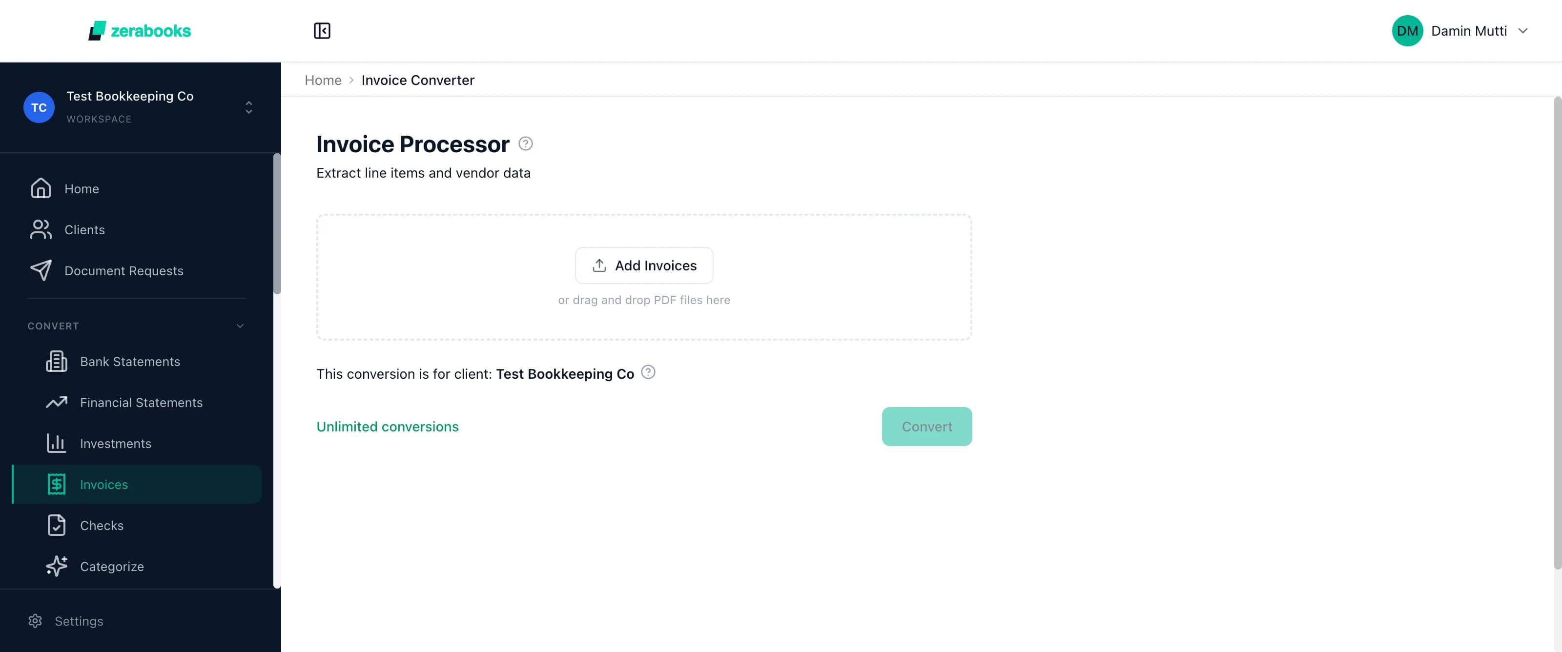 Zera Books invoice extraction dashboard showing line item capture