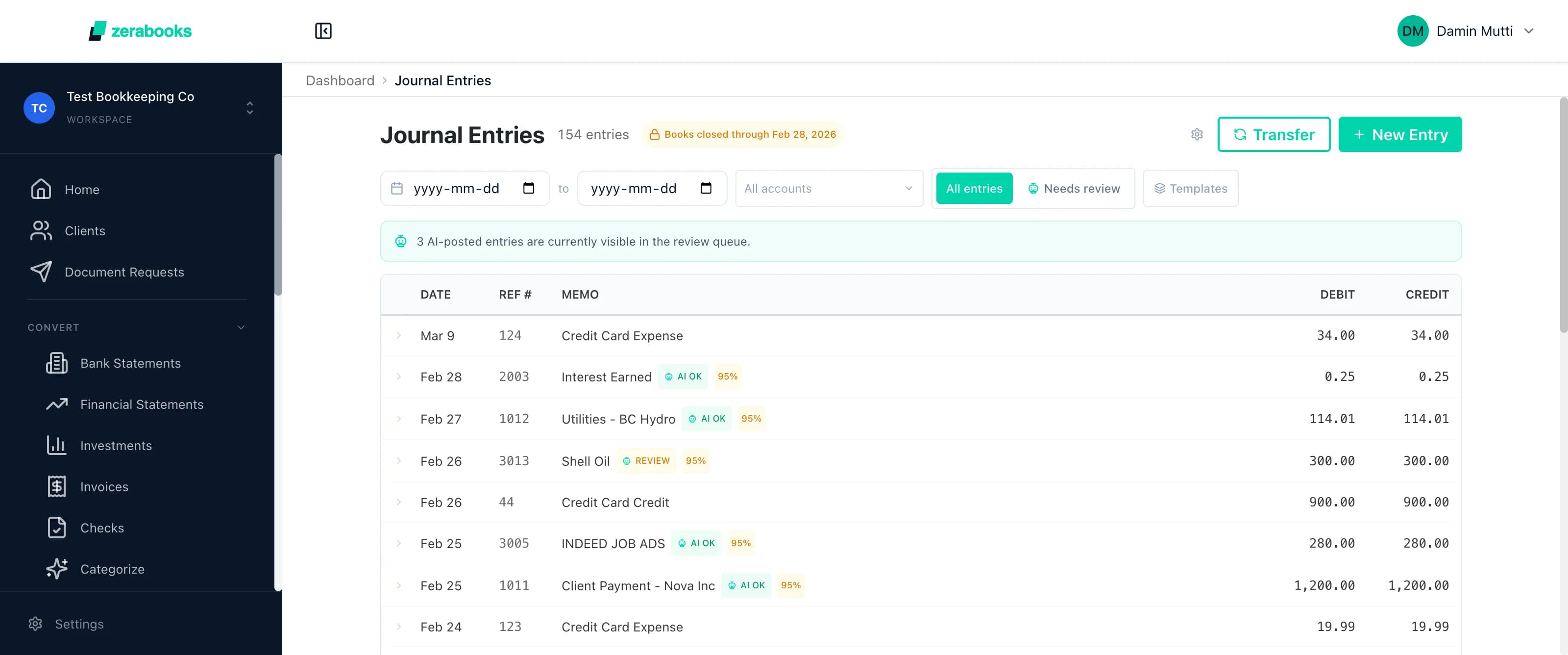 Zera Books journal entries showing posted double-entry transactions