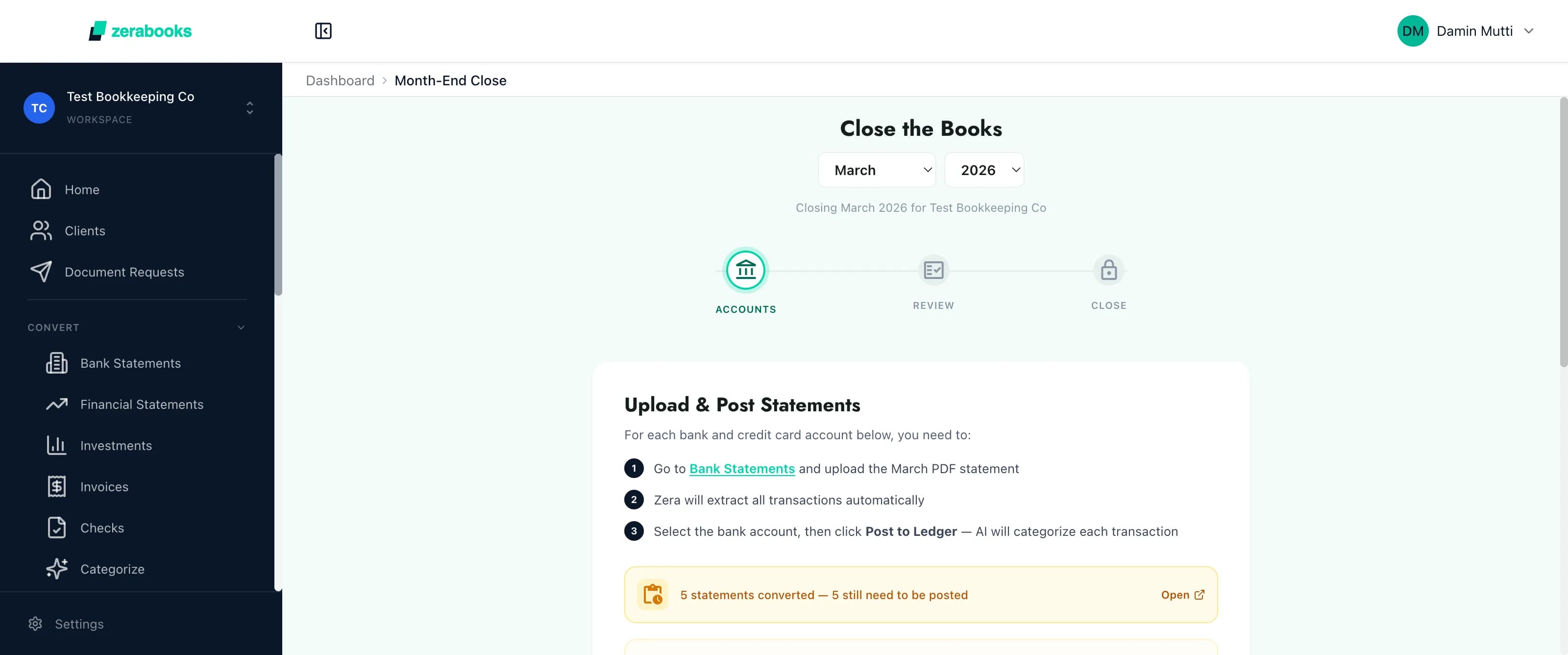 Zera Books month-end close workspace showing per-account status and AI review