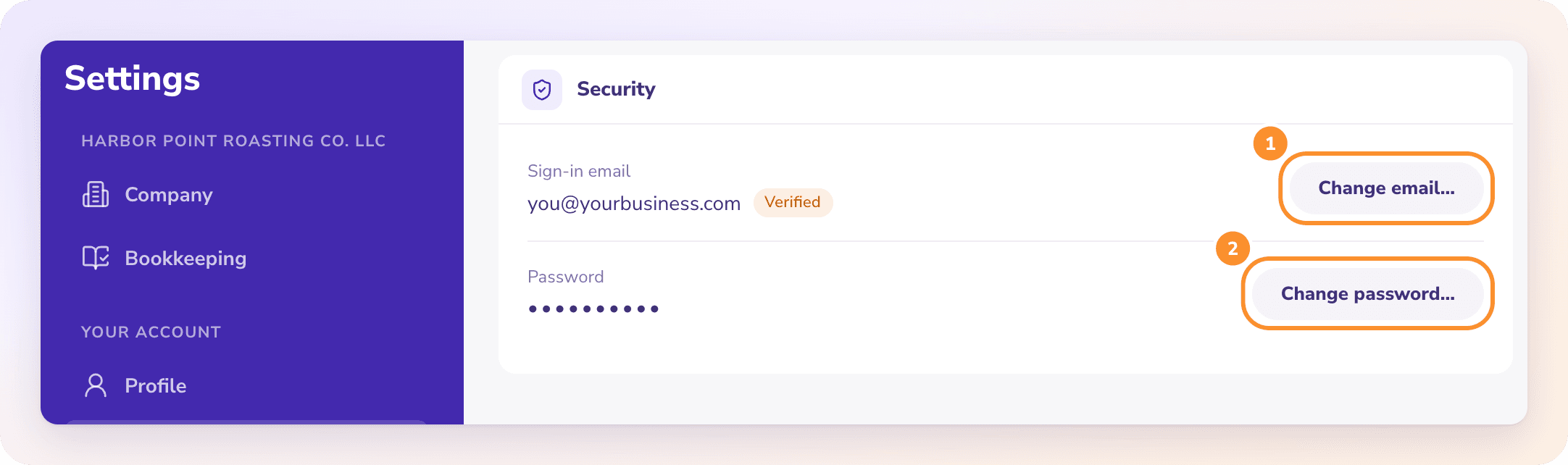 Settings › Security: the sign-in email, Change email and Change password