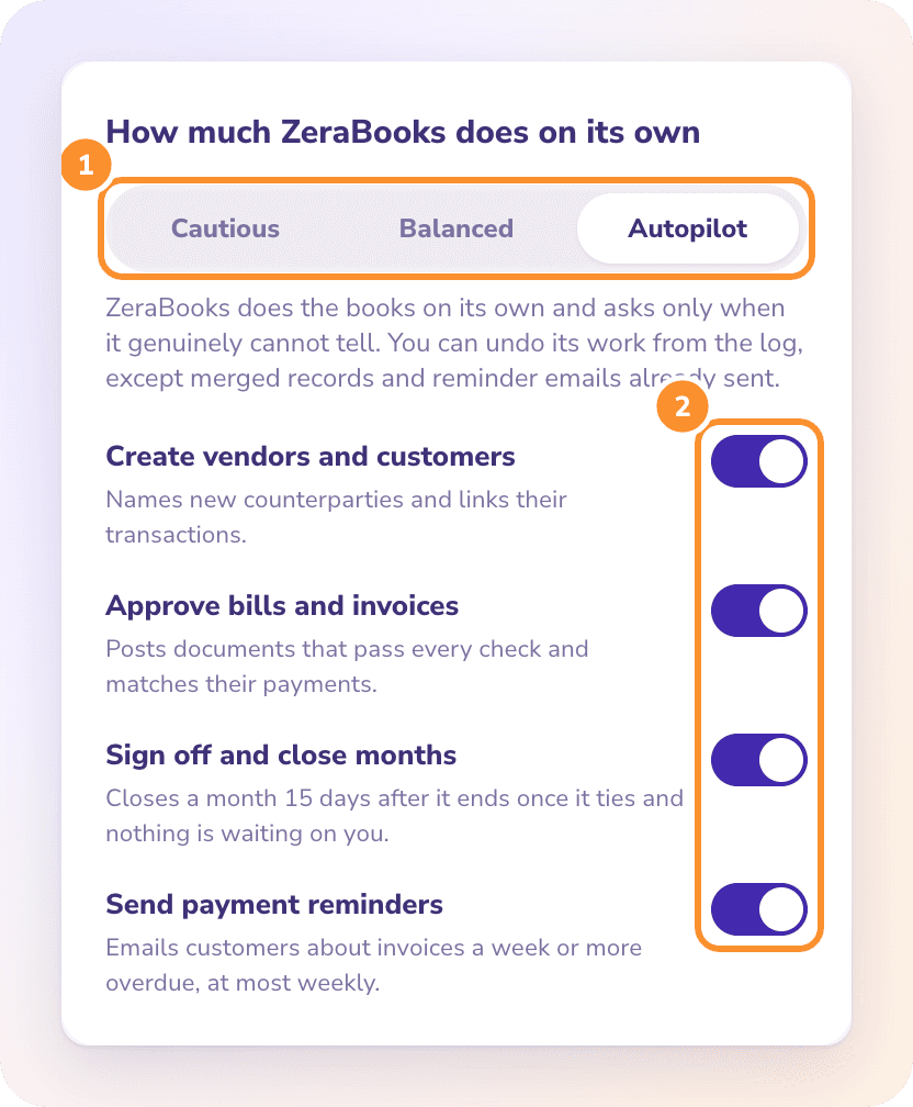 How much ZeraBooks does on its own: Cautious, Balanced or Autopilot, and the four switches for what it may do by itself