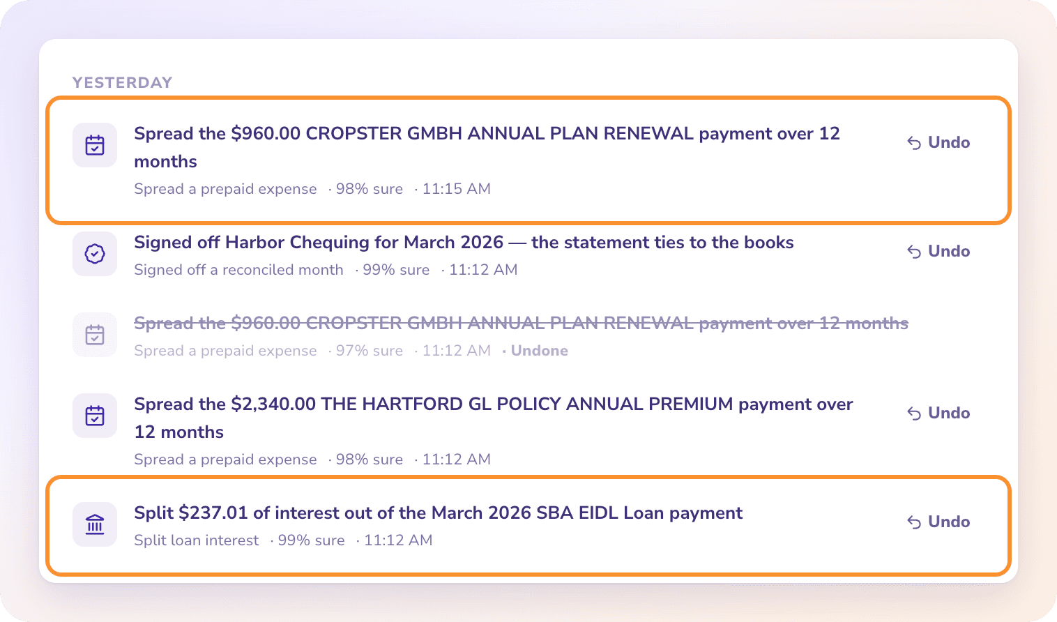 Month-end entries in the Done by AI log: an annual prepaid payment spread over 12 months and the interest split out of a loan payment