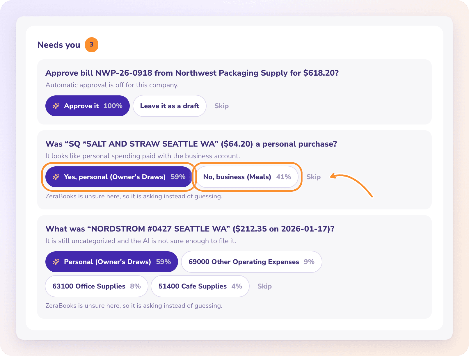 Autopilot’s Needs you card: a question with one-tap answers, the best guess first, and Skip