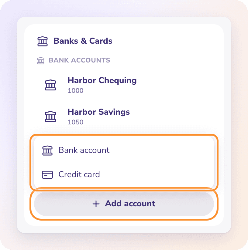 Category Manager’s Banks & Cards panel: click Add account, then choose Bank account or Credit card