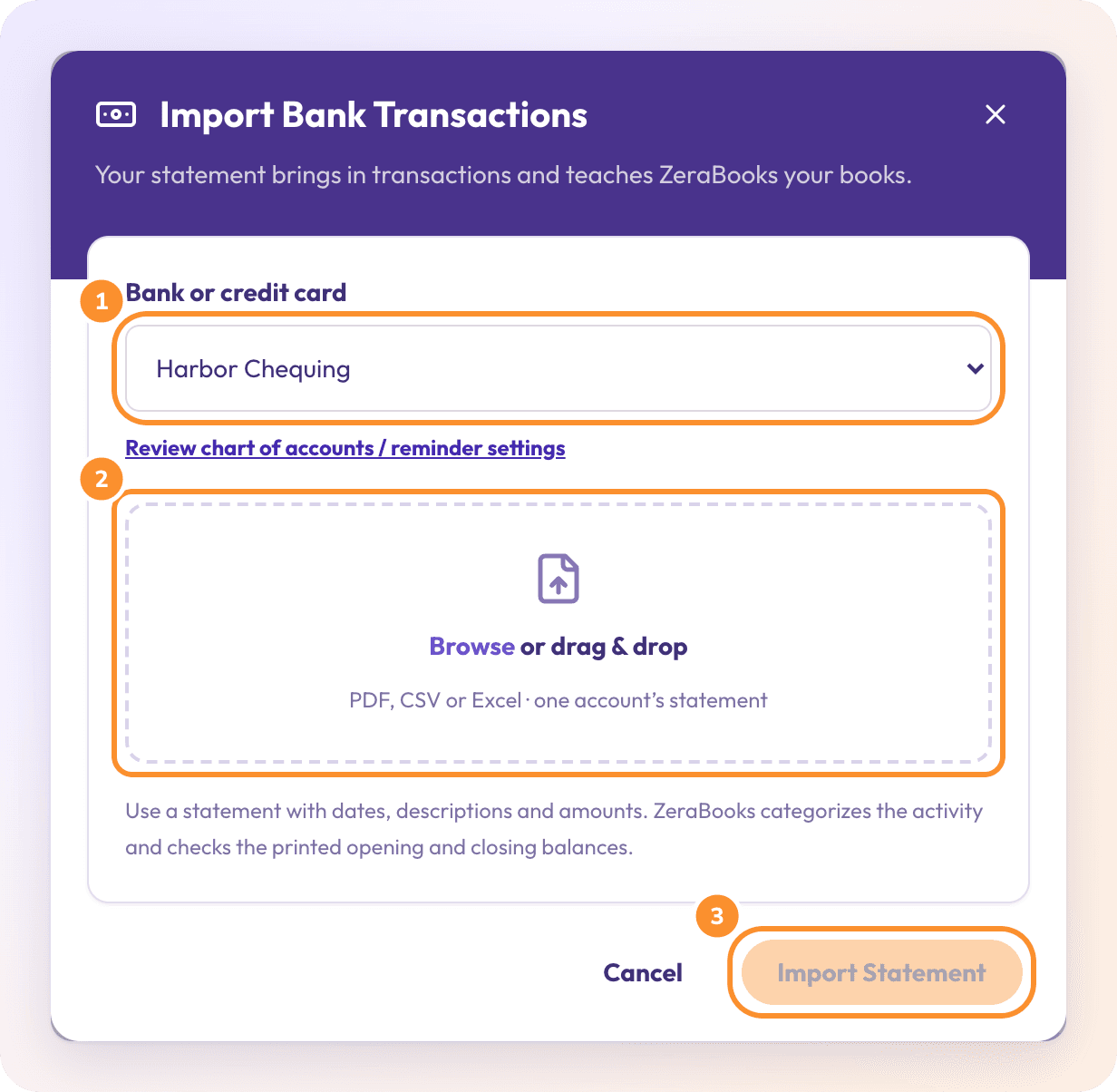 The Import Bank Transactions dialog: choose the account, drop the statement file, then Import Statement