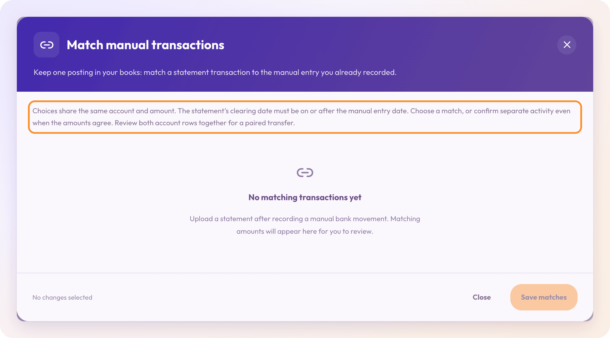 The Match manual transactions dialog, which pairs a statement line with a manual entry you already recorded