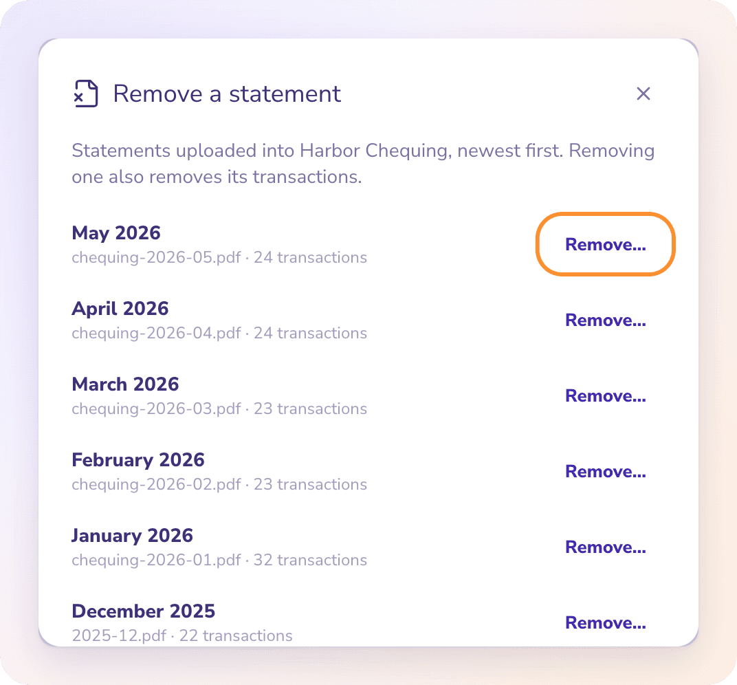 Account actions → Remove a statement…: the account’s statements, newest first, each with Remove…