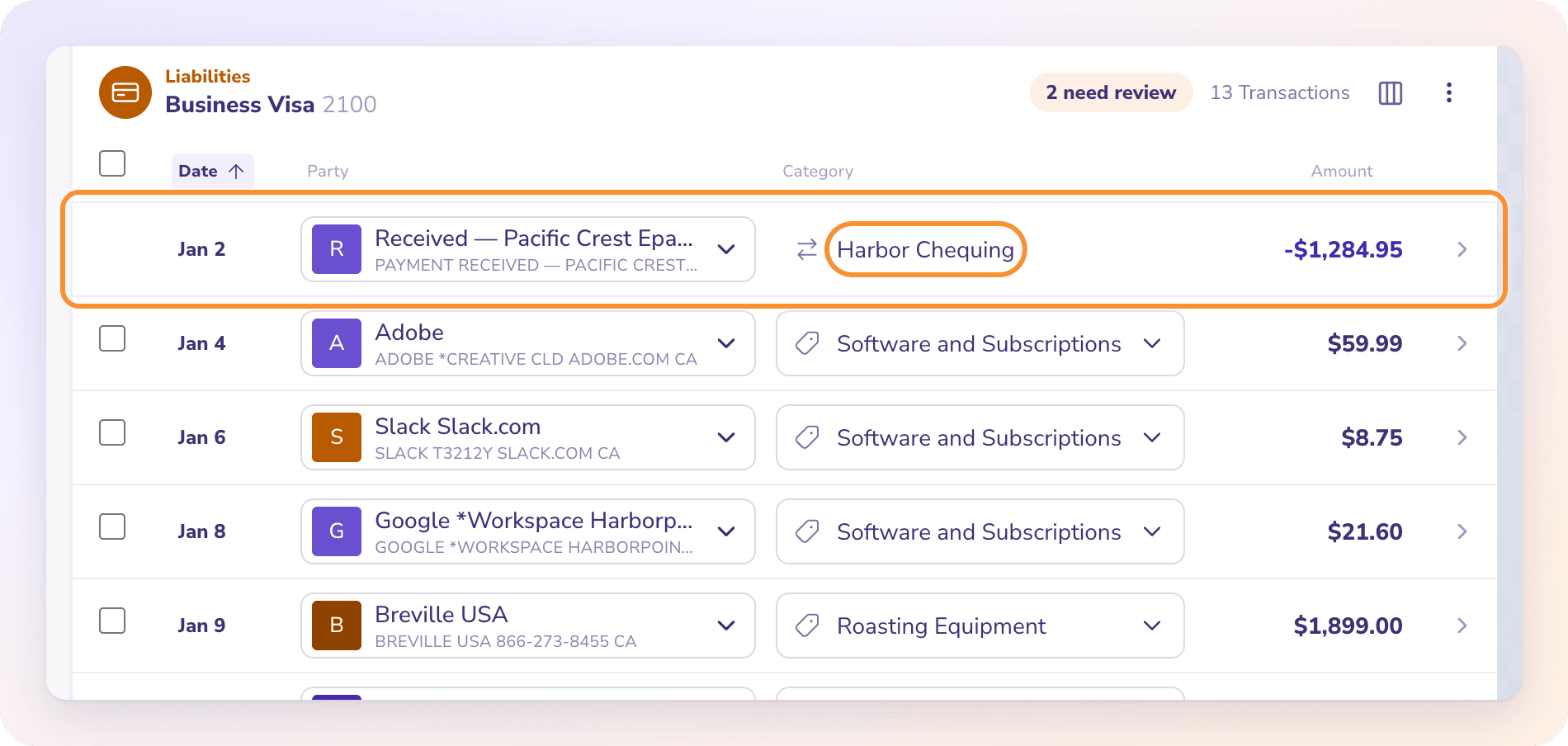 A credit-card payment on a card account: its category is the paying bank account, with no picker even in Edit mode