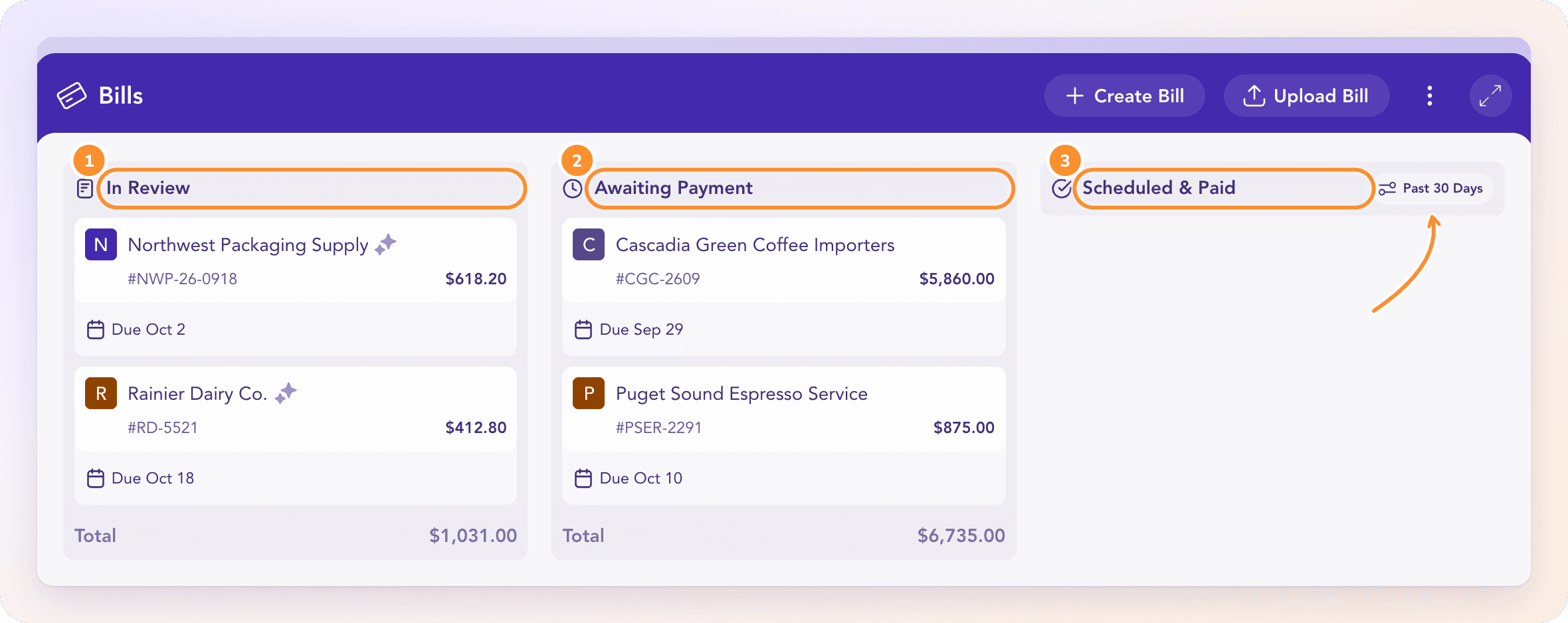 The Bills board: In Review, Awaiting Payment and Scheduled & Paid, with the date filter