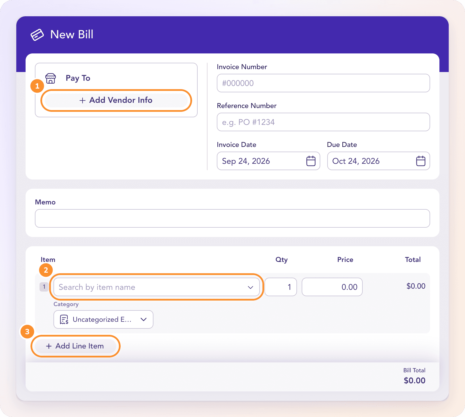 A new bill entered by hand: add the vendor, fill each line with its item, price and category, and add more lines