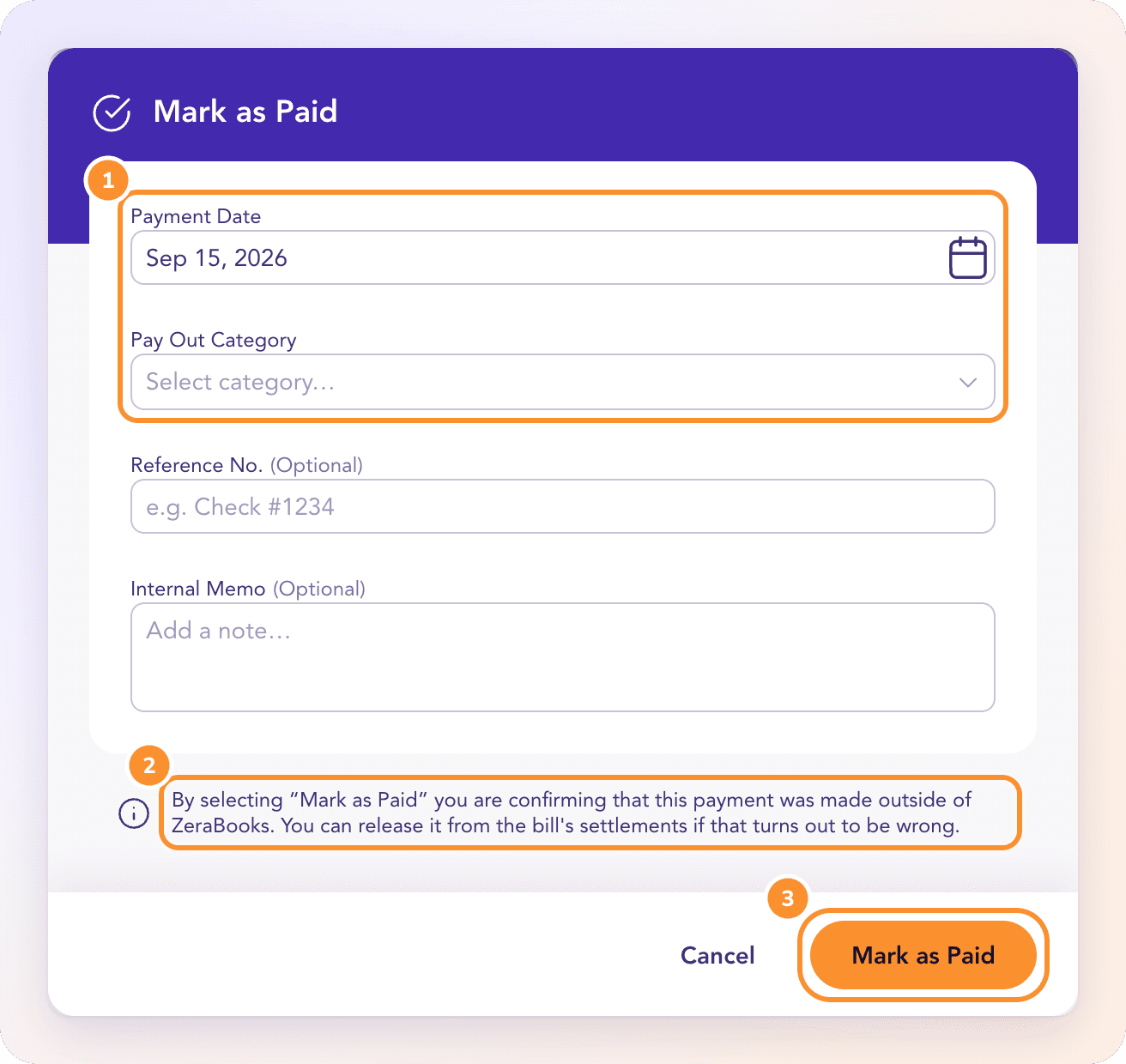The Mark as Paid dialog: payment date, the account it was paid from, an optional reference and memo, for payments made outside the uploaded statements