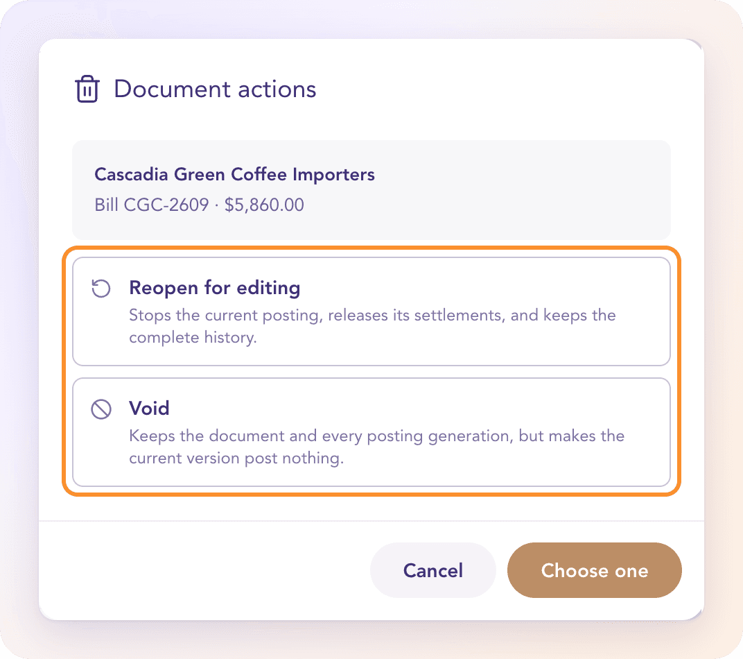 Document actions for a posted bill: Reopen for editing, or Void to keep it for the record while it posts nothing