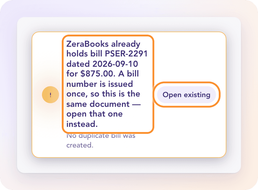 Uploading a bill ZeraBooks already holds: the upload is refused, no duplicate is created, and Open existing jumps to the original