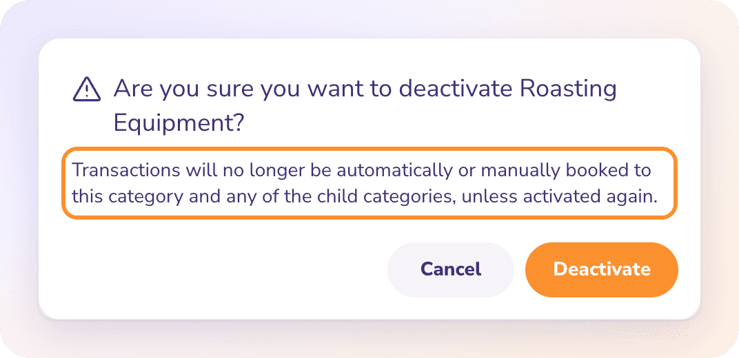 The deactivate confirmation: nothing can be booked to the category or its children until it is activated again